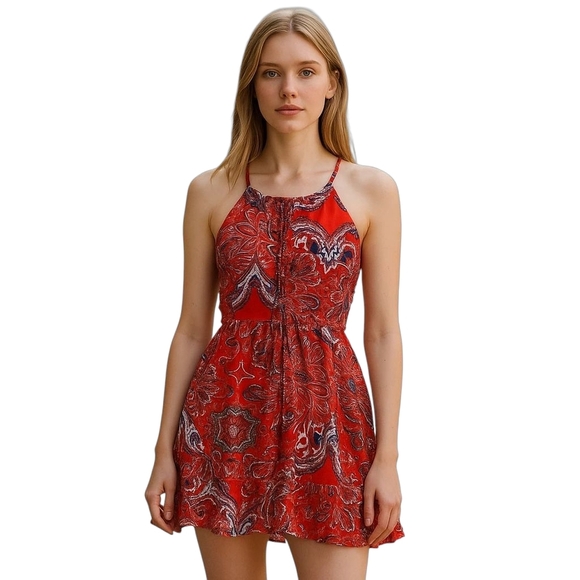 Parker Red Silk Halter Neck Fit & Flare Dax Mini Dress XS NWT - Picture 1 of 9